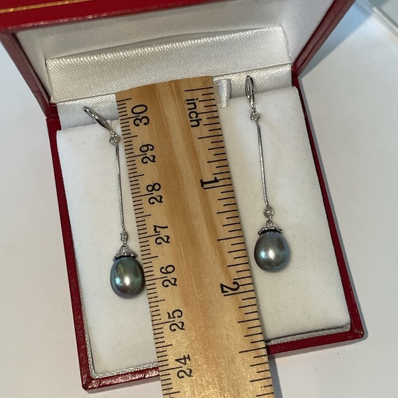 Solid Stamped 14K White Gold Tahitian Pearl Natural Diamond Bezel Drop Earrings - Picture 3 of 13